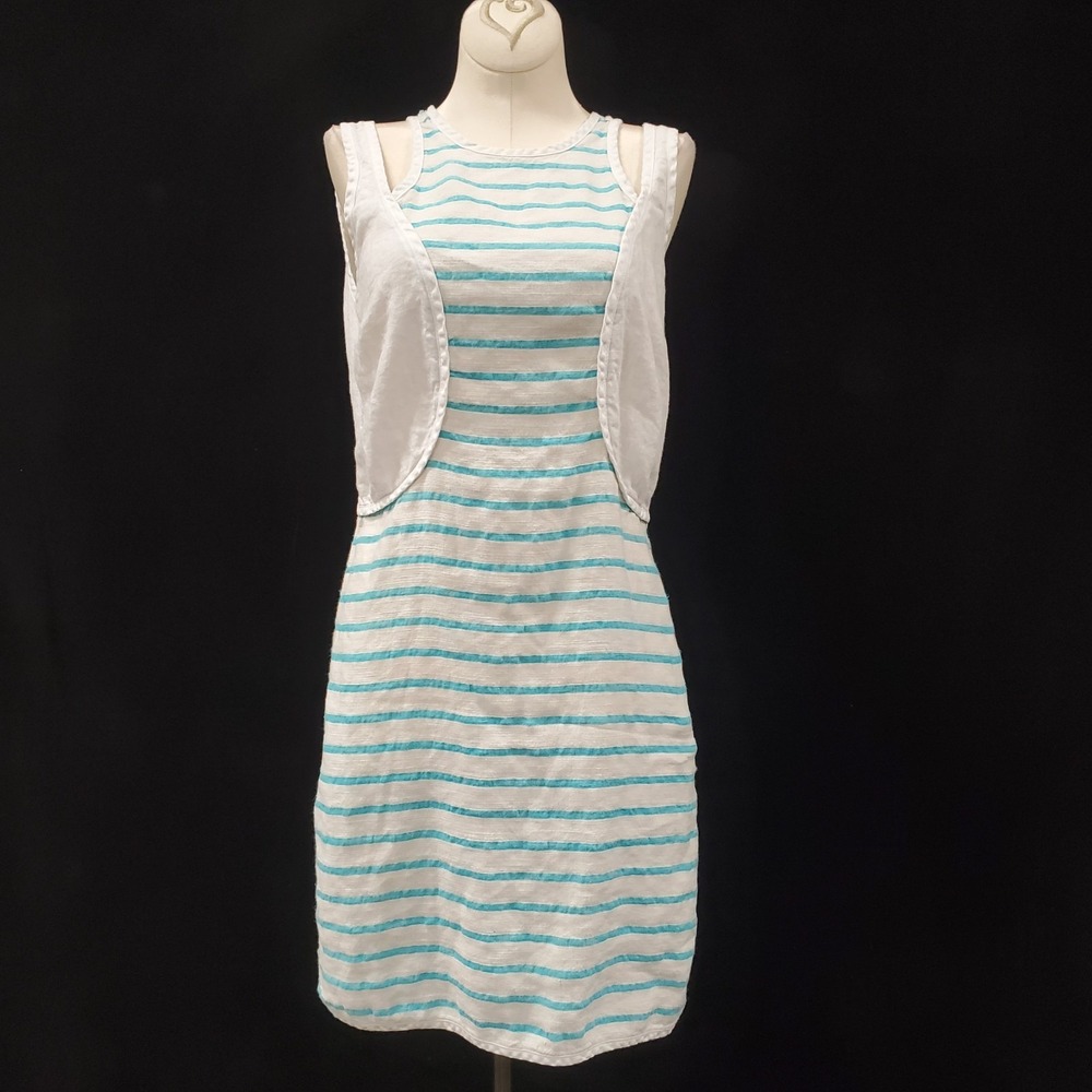 Haris Cotton Linen Striped Dress Size S Greece Cutout Coastal Natural White Blue